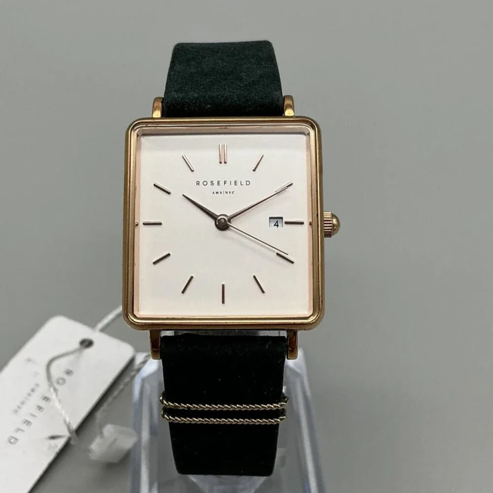 Rosefield Womens Watch 26mm White Dial Rose Gold Green Leather Date Quartz